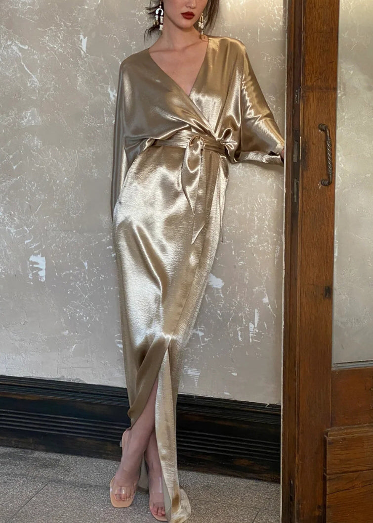 Dresses V Tie Neck Long Fall Waist Silk Pockets Gold Loose
