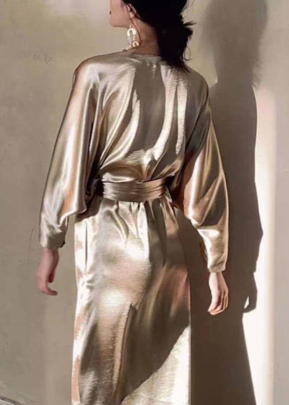 Dresses V Tie Neck Long Fall Waist Silk Pockets Gold Loose