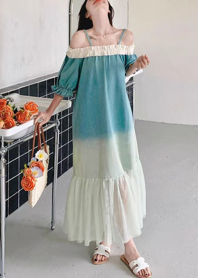 Patchwork Color Ruffled Long Dresses Gradient Tulle Loose