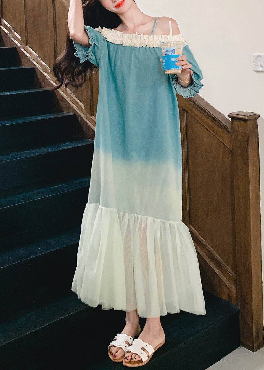 Patchwork Color Ruffled Long Dresses Gradient Tulle Loose