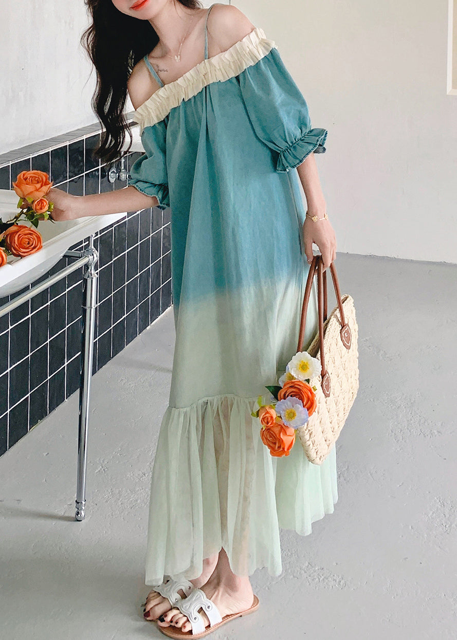 Patchwork Color Ruffled Long Dresses Gradient Tulle Loose