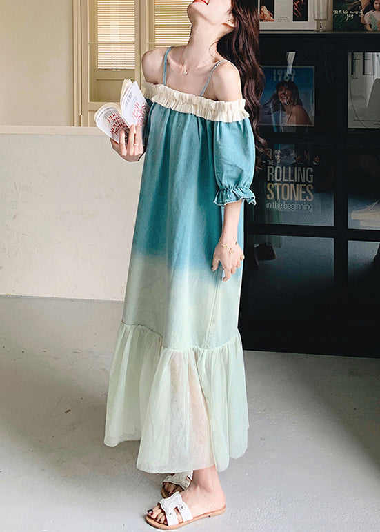 Patchwork Color Ruffled Long Dresses Gradient Tulle Loose