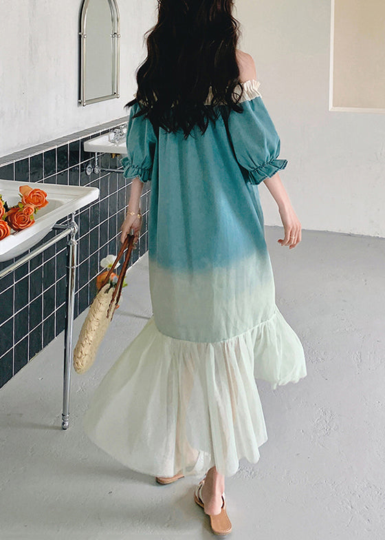 Patchwork Color Ruffled Long Dresses Gradient Tulle Loose