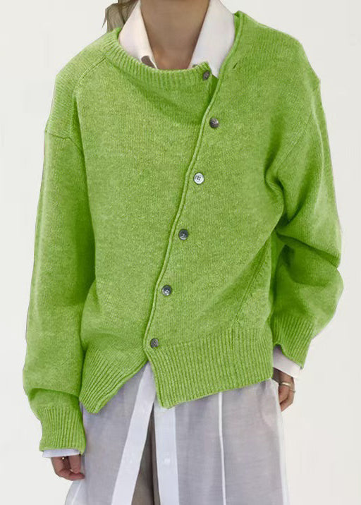 Knit Green Button Spring Coat Solid Loose Asymmetrical
