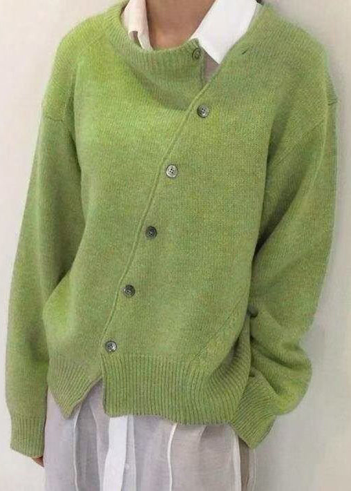 Knit Green Button Spring Coat Solid Loose Asymmetrical