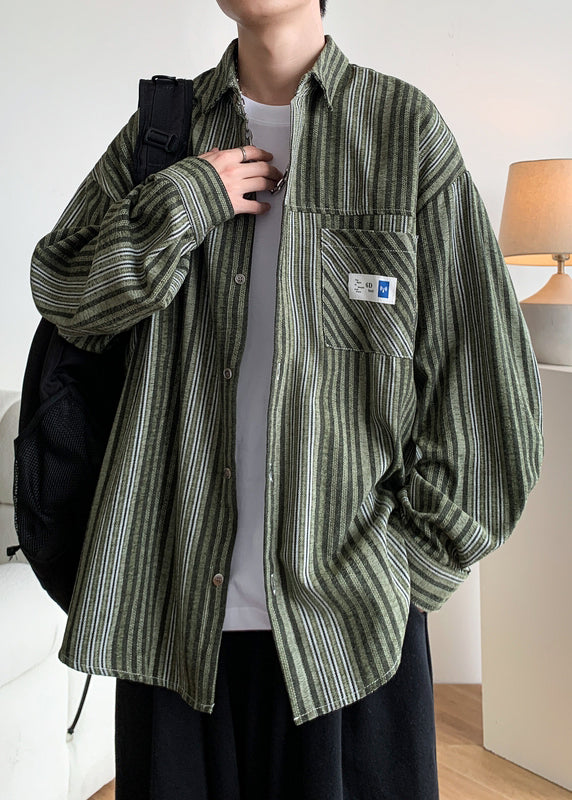 Loose Pockets Striped Button Green Men Spring Shirts Cotton