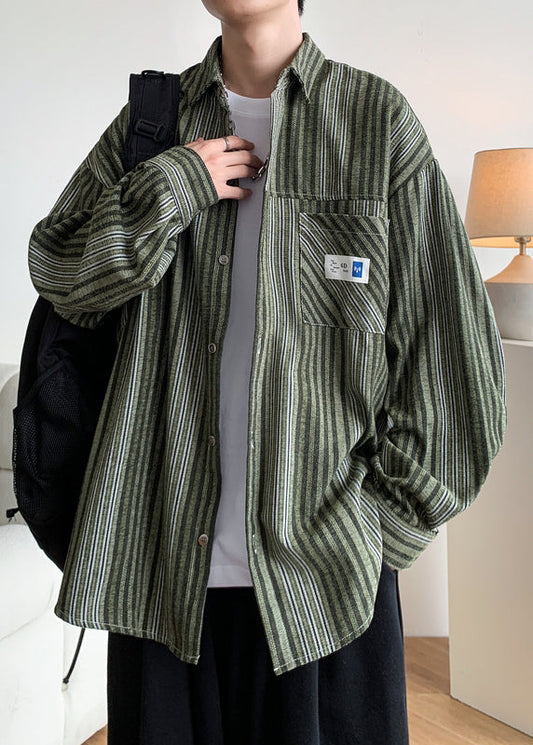 Loose Pockets Striped Button Green Men Spring Shirts Cotton