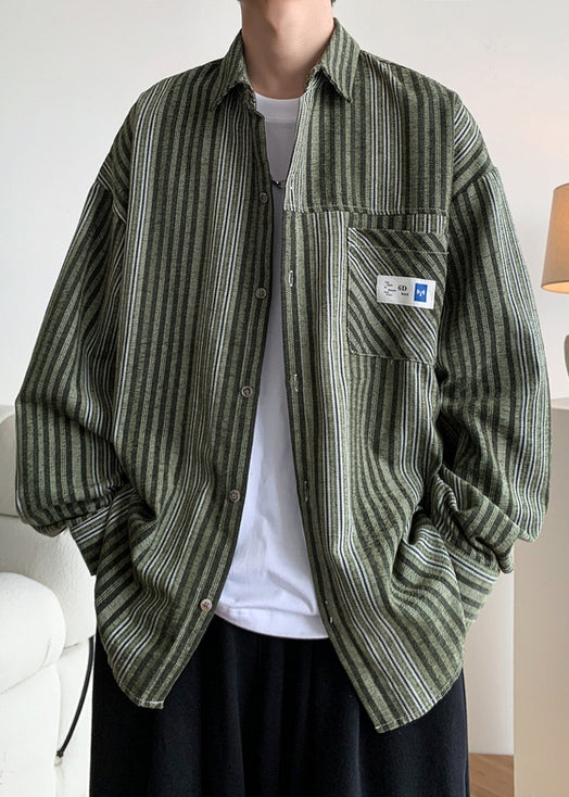 Loose Pockets Striped Button Green Men Spring Shirts Cotton