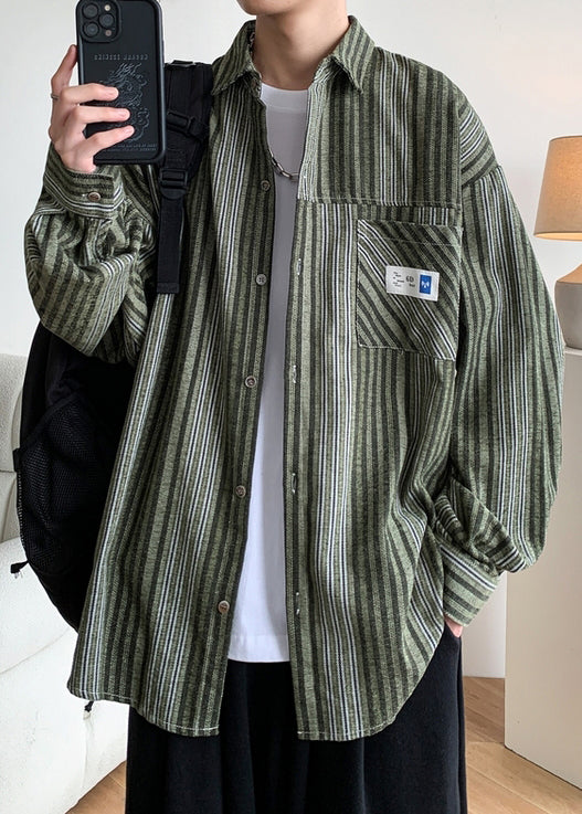 Loose Pockets Striped Button Green Men Spring Shirts Cotton