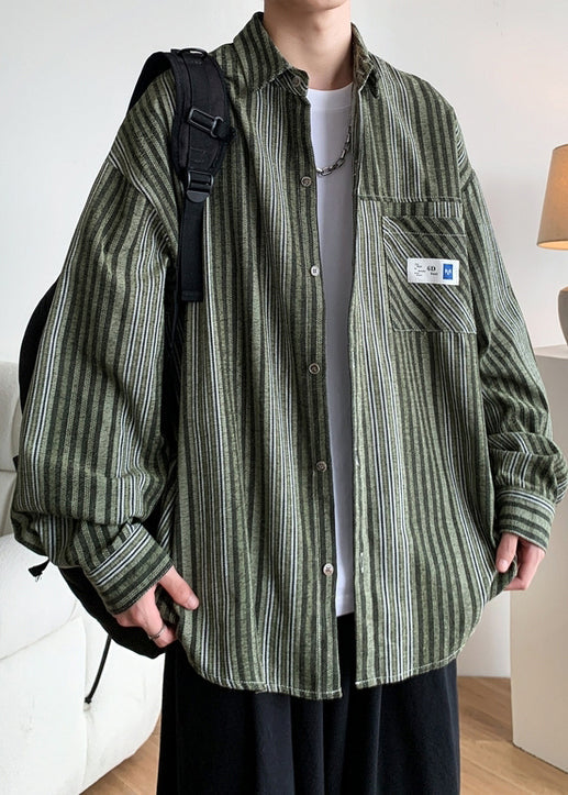 Loose Pockets Striped Button Green Men Spring Shirts Cotton