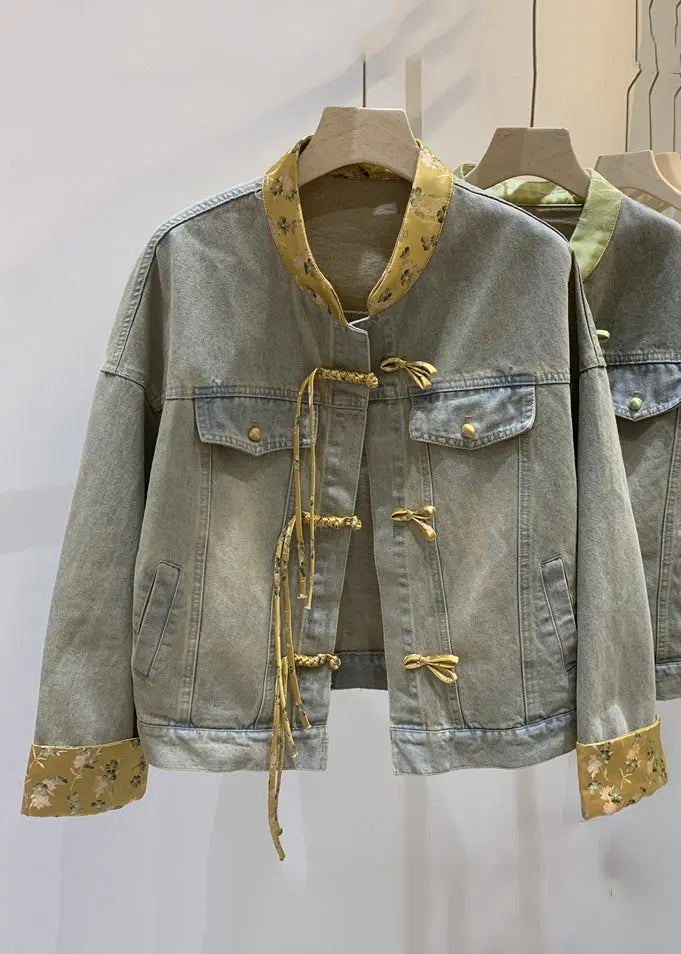 Loose Green Chinese Button Patchwork Denim Coats Long Sleeve Ada Fashion