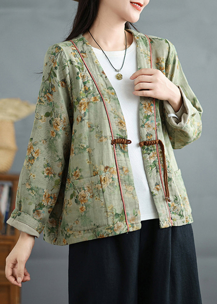 Loose Green Chinese Button Print Cotton Coat Fall QG035