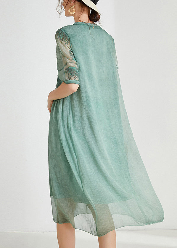 Loose Green Embroidered Patchwork Chiffon Dresses Summer Ada Fashion