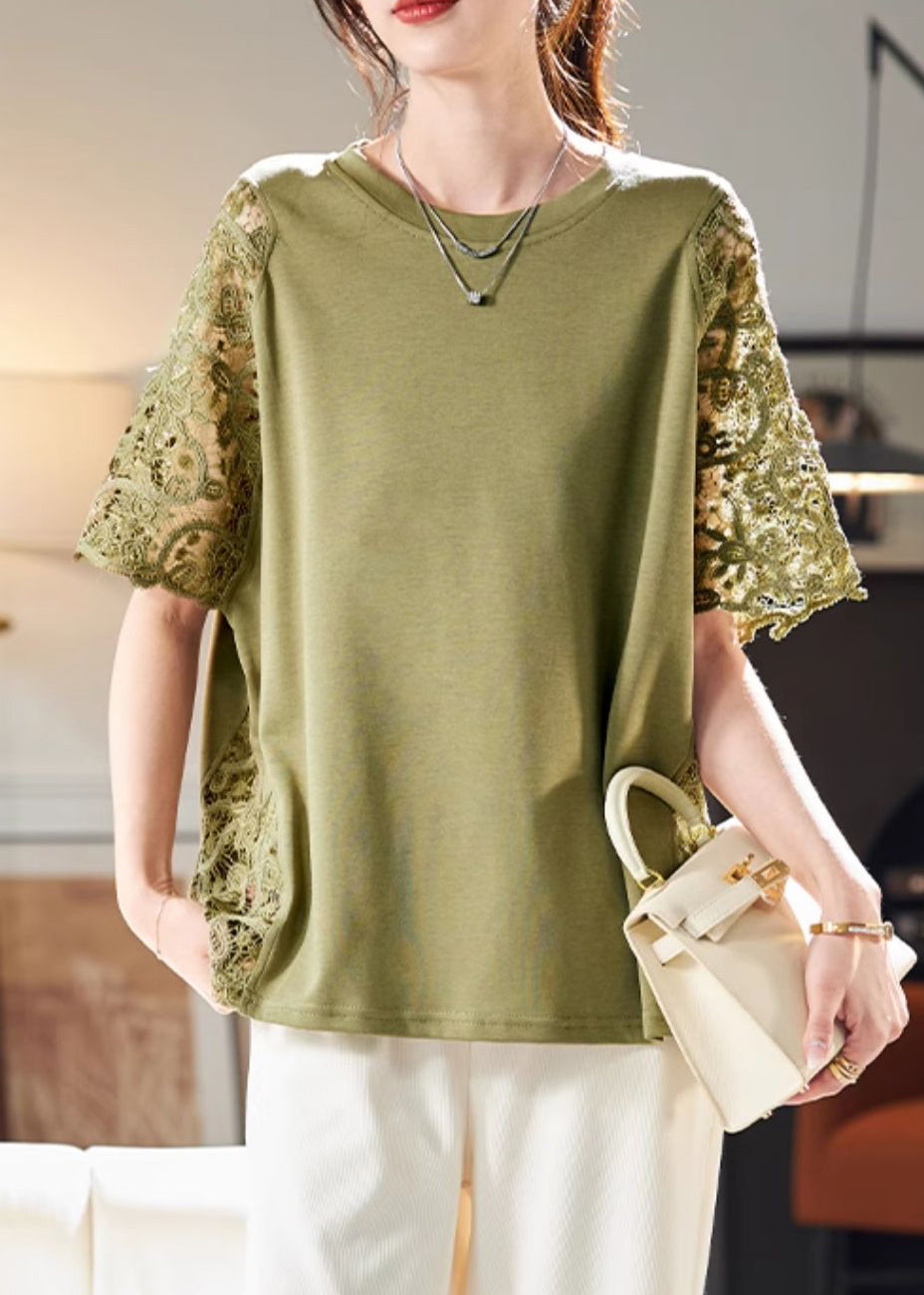 Hollow Patchwork Out Shirts Lace Green Loose T Summer