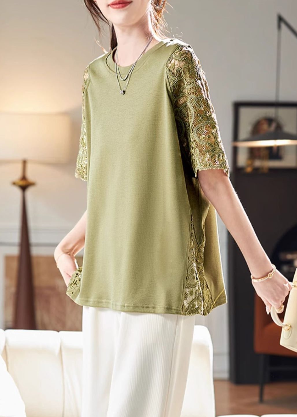 Hollow Patchwork Out Shirts Lace Green Loose T Summer