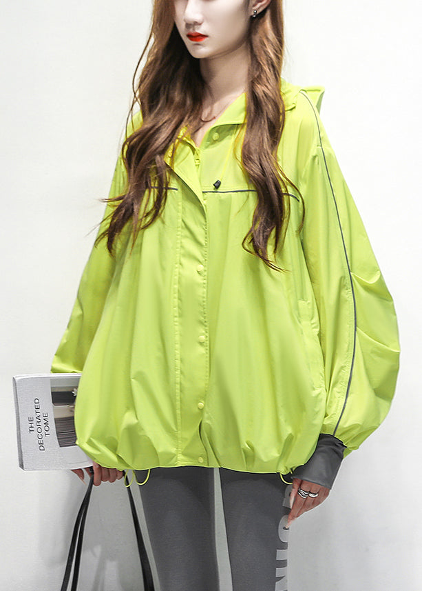 Patchwork Summer Loose Coat Green Hooded Cotton Drawstring