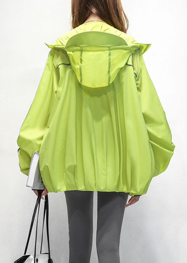 Patchwork Summer Loose Coat Green Hooded Cotton Drawstring