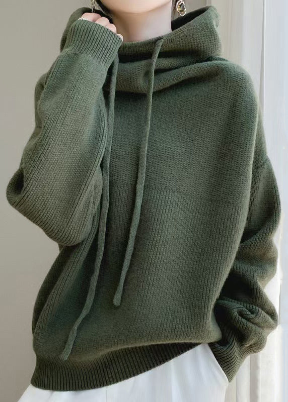 Green Sweaters Wool Up Knit Loose Hooded Spring Lace