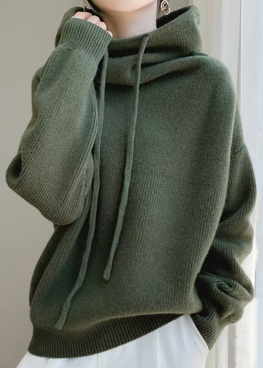 Green Sweaters Wool Up Knit Loose Hooded Spring Lace