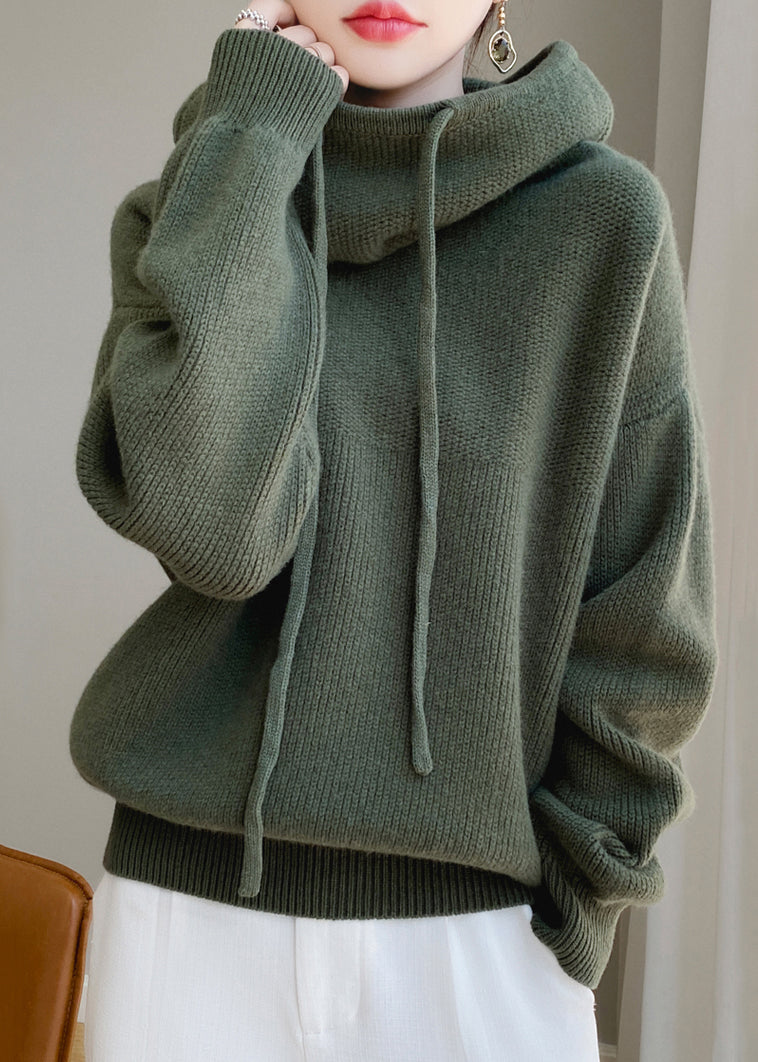Green Sweaters Wool Up Knit Loose Hooded Spring Lace