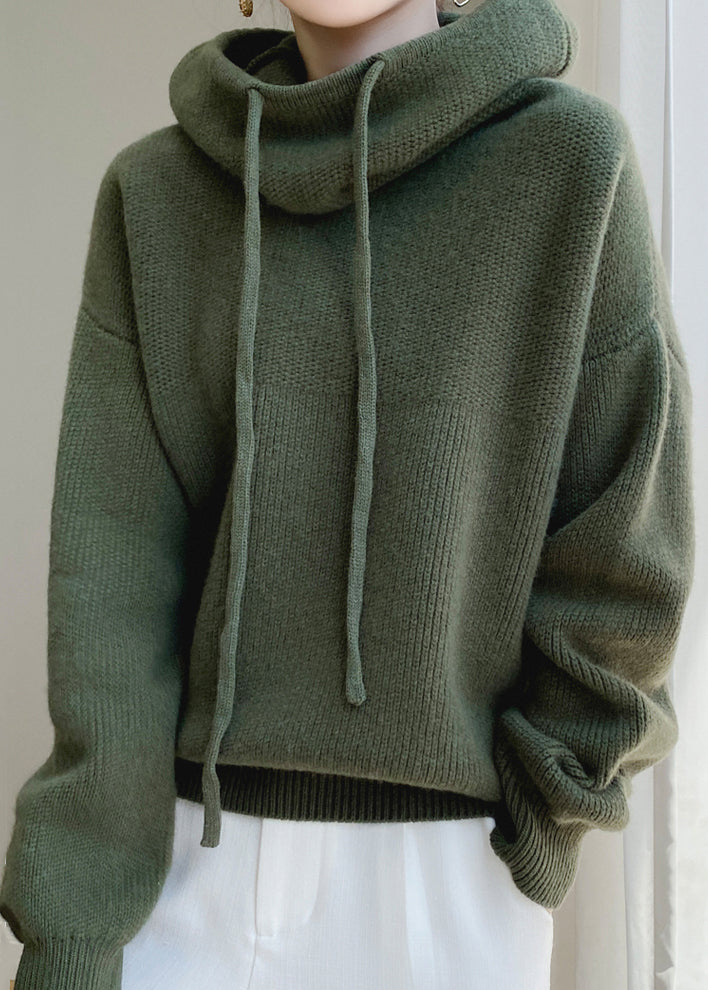 Green Sweaters Wool Up Knit Loose Hooded Spring Lace