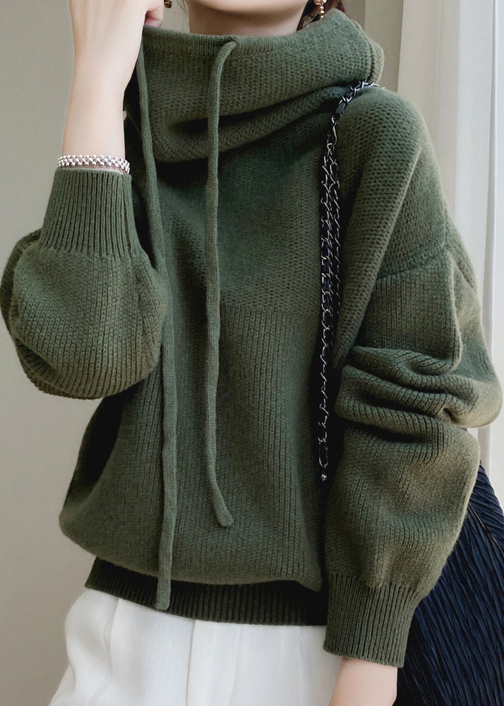 Green Sweaters Wool Up Knit Loose Hooded Spring Lace