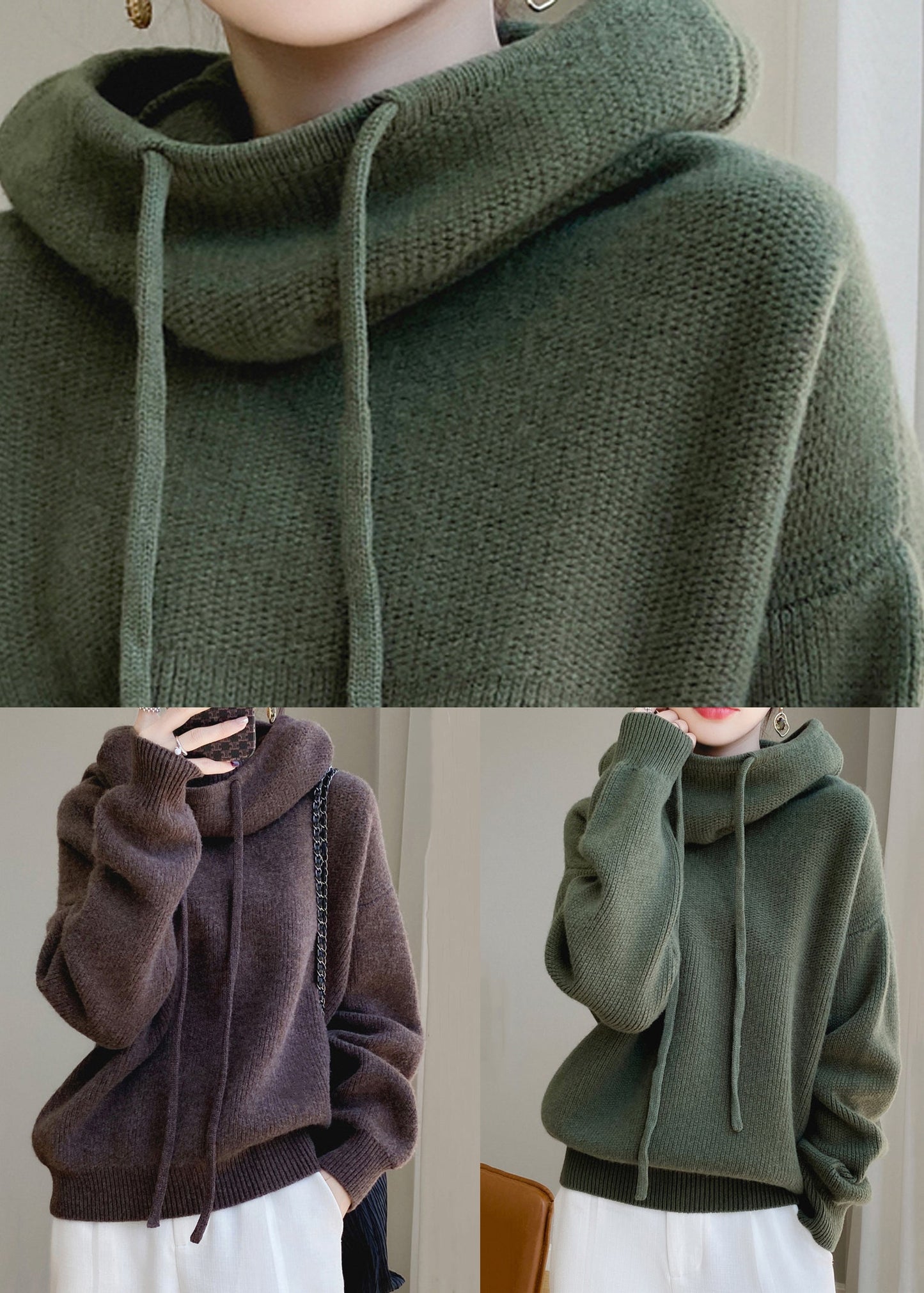 Green Sweaters Wool Up Knit Loose Hooded Spring Lace