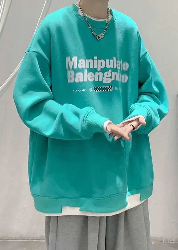 Loose Two Cotton Neck Sweatshirt Pieces O False Men Green Letter