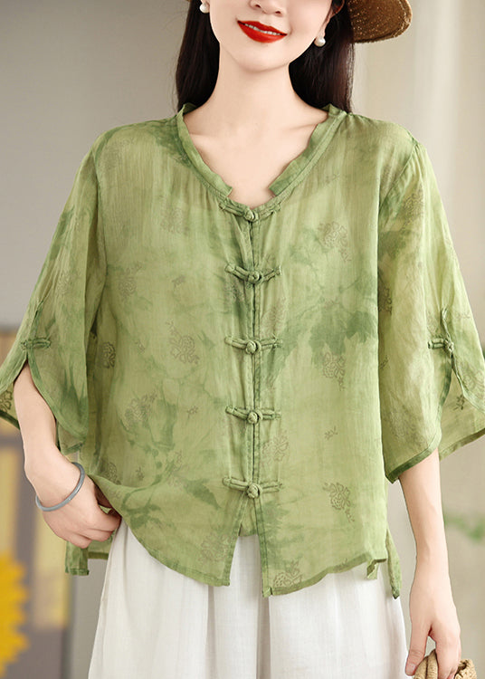 Green Tops Shirt Oriental Jacquard Cotton Loose Button Summer