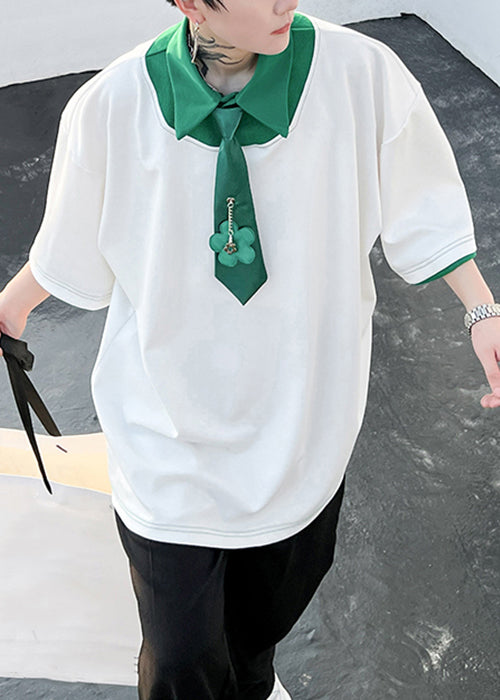 Cotton Original Design Shirts Polo Loose Mens Green Patchwork