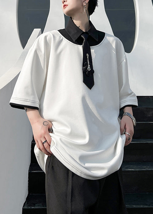 Cotton Original Design Shirts Polo Loose Mens Green Patchwork