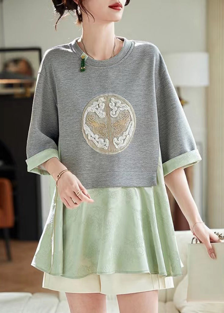 Summer Two Patchwork T Pieces Green Fake Loose Shirt