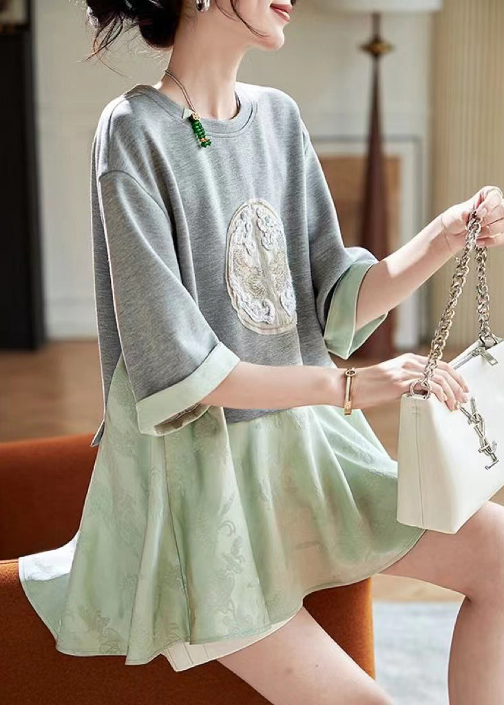 Summer Two Patchwork T Pieces Green Fake Loose Shirt