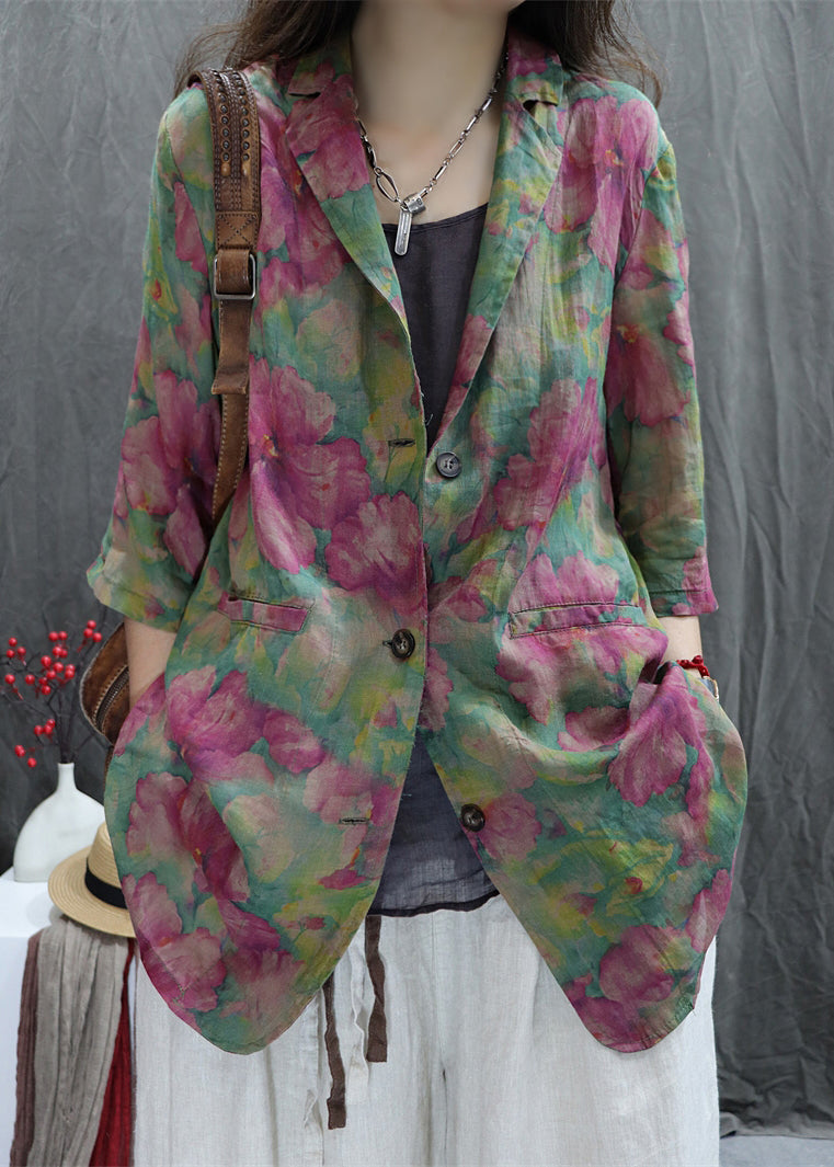 Spring Coats Green Cotton Collar Print Peter Pan Loose