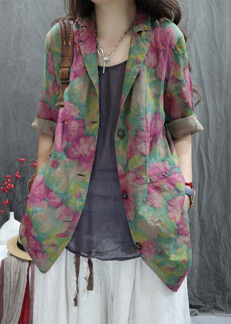 Spring Coats Green Cotton Collar Print Peter Pan Loose