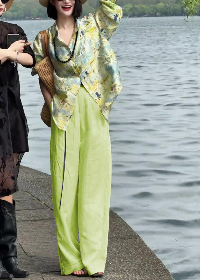 Collar Pieces High Green Waist Peter Cotton Two Loose Pan Print