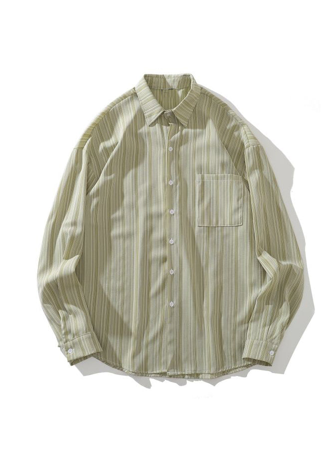 Loose Green Peter Pan Collar Striped Cotton Shirt Men Fall RO005