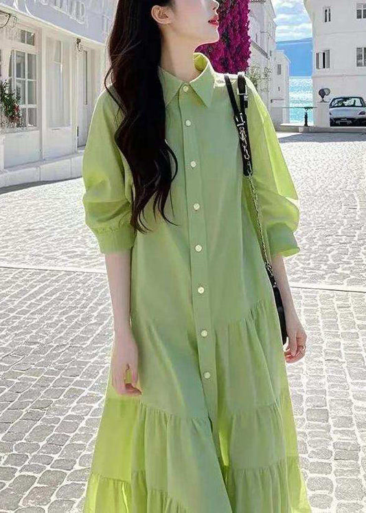 Pan Green Blouses Loose Peter Collar Cotton Wrinkled Button