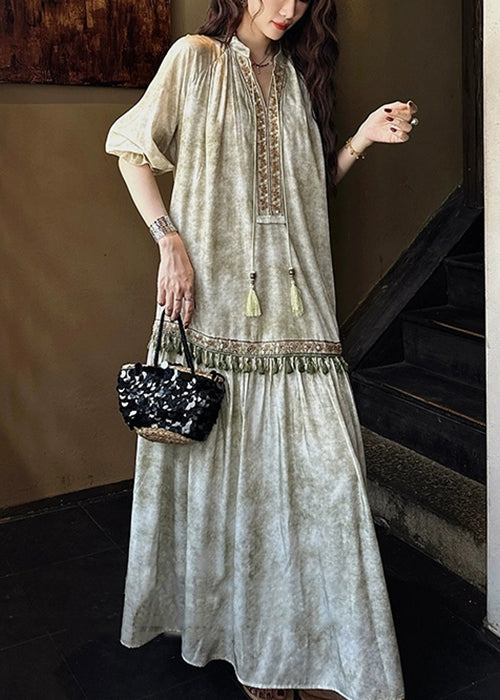 Dresses Tasseled Long Butterfly Sleeve Silk Green Loose