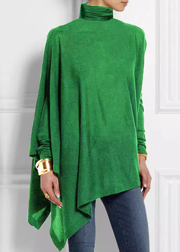 Green Loose Turtleneck Top Asymmetrical Spring