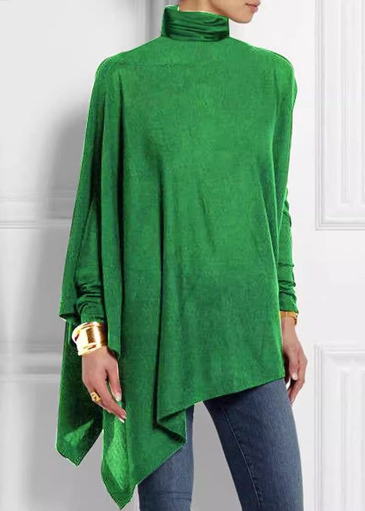 Green Loose Turtleneck Top Asymmetrical Spring
