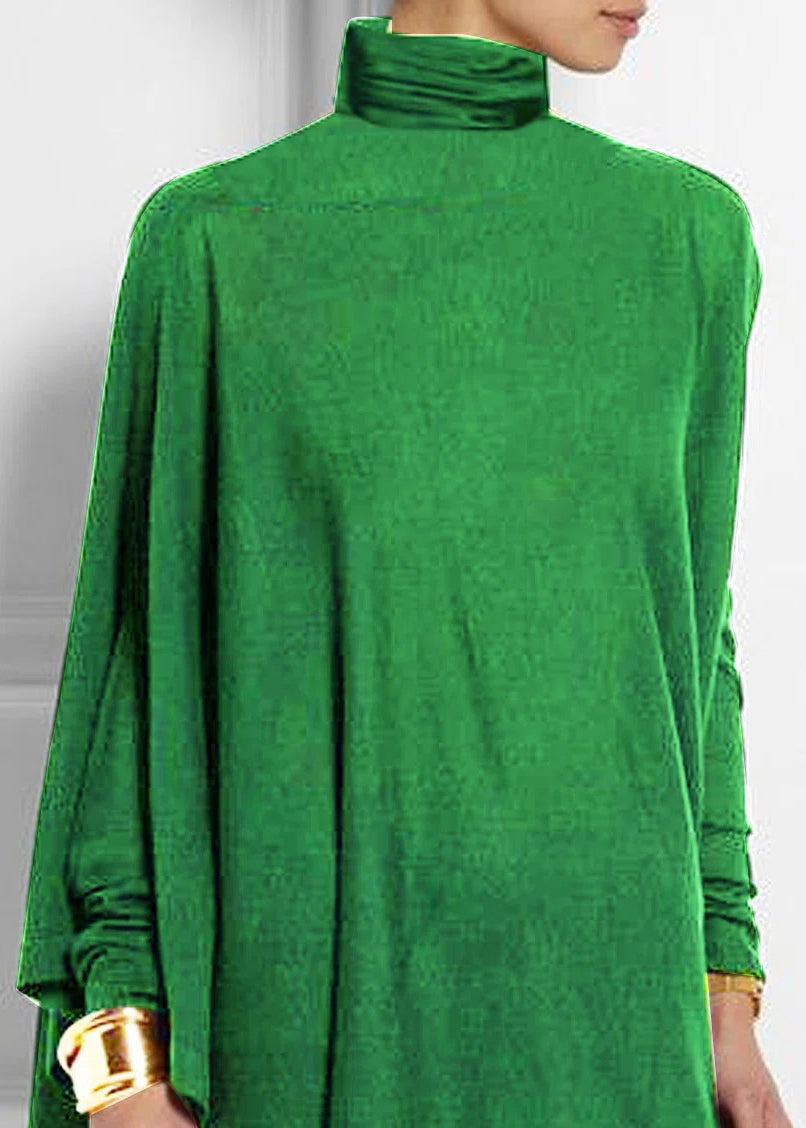 Green Loose Turtleneck Top Asymmetrical Spring