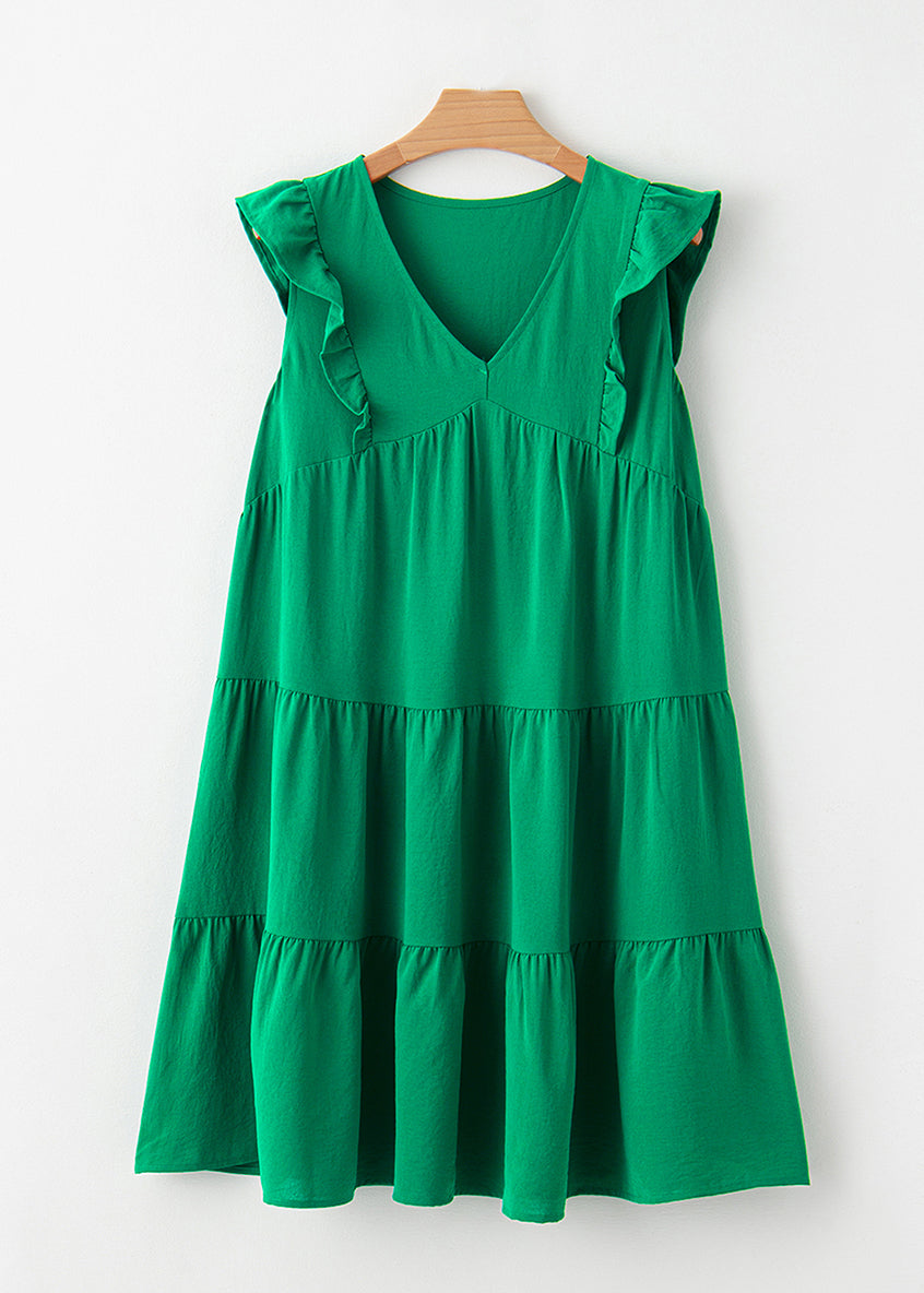 Patchwork Mid Summe Loose Dresses V Neck Solid Green