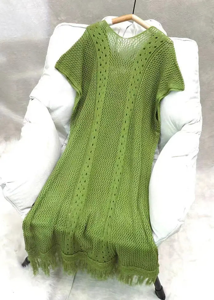 Loose Green V Neck Tasseled Hollow Out Knit Dress Summer HA1001 Ada Fashion