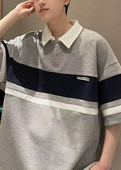 Shirts Patchwork Polo Loose Mens Summer Cotton Grey Button