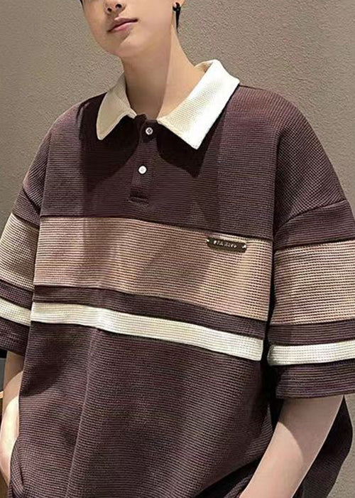 Shirts Patchwork Polo Loose Mens Summer Cotton Grey Button