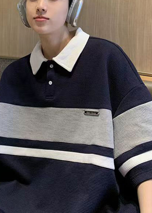 Shirts Patchwork Polo Loose Mens Summer Cotton Grey Button