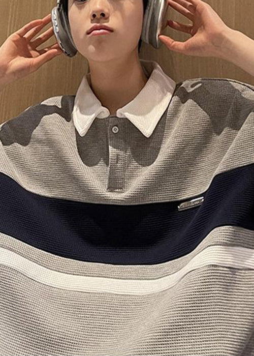 Shirts Patchwork Polo Loose Mens Summer Cotton Grey Button