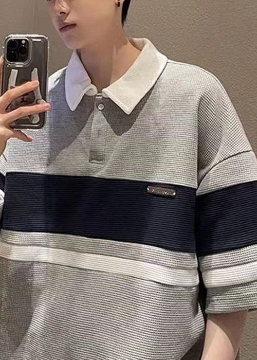 Shirts Patchwork Polo Loose Mens Summer Cotton Grey Button