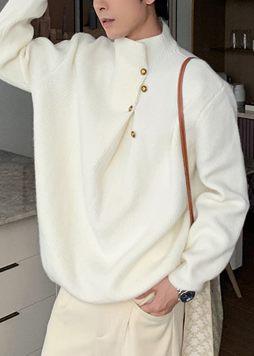 Loose Grey Button Solid Knit Men Sweater Spring TK012